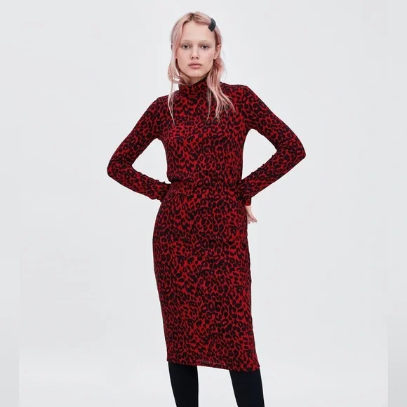 Zara Trufaluc Red Black Leopard Dress Size S - Picture 1 of 6